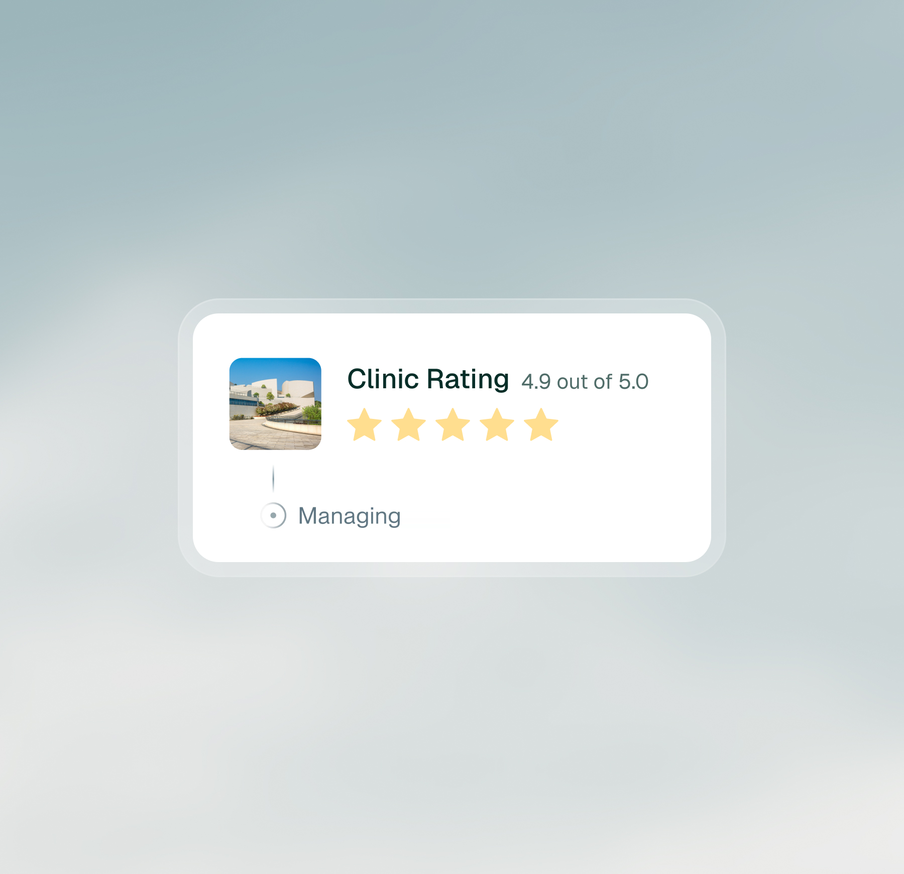 Clinic rating card showing a 4.9 out of 5 star rating with a clinic photo thumbnail.