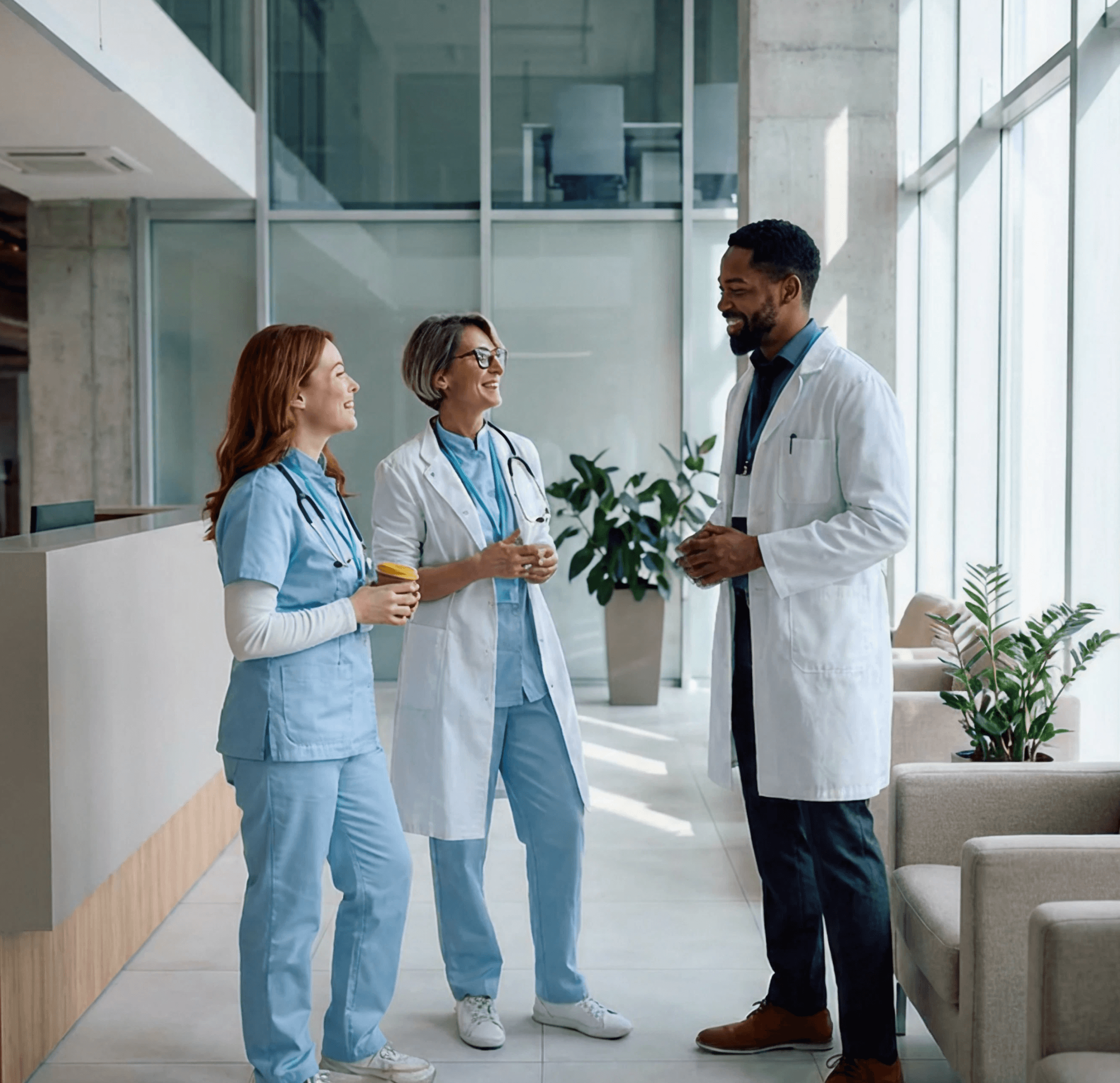 Clinic team meeting at a reception desk